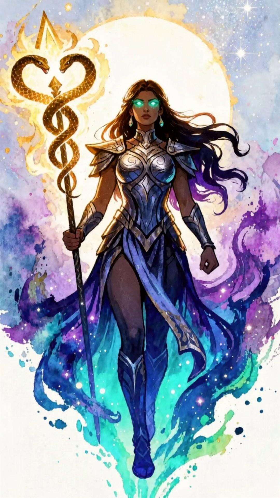 Prompt: Promethea, the radiant Goddess of Magic, standing powerful and beautiful, rendered with sleek Patrick Nagel–inspired elegance but exploding with vivid watercolor energy. Bold graphic lines define her heroic silhouette while neon washes of sapphire, violet, gold, and emerald bleed outward like living enchantment. Her eyes blaze with green sorcery, hair flowing in stylized dark curves streaked with light. She holds a glowing caduceus-staff, twin serpents swirling in radiant watercolor fire, surrounded by a luminous aura against a minimal, dreamy cosmic background.