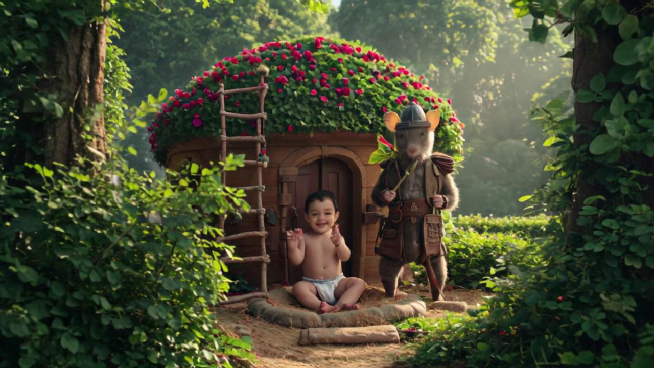 Prompt: A magical scene in a lush green village where a chubby baby in a diaper sits on a soft hay bed outside a small, colorful house shaped like a clay pot. Standing beside the baby is a brave little rat dressed in warrior clothes — leather armor, a tiny sword strapped to its back, and a leaf for a shield. The house has flowers growing on its roof, a ladder made of twigs, and a small door just the rat’s size. Sunlight filters through the trees, giving the scene a warm, fairytale glow. The baby claps joyfully while the rat looks proud and protective