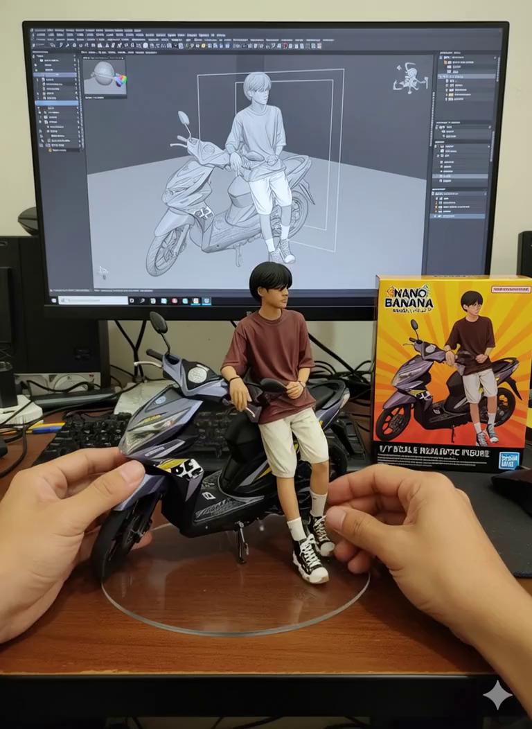 Prompt: Two hands gently pick up the figure in the frame and rotate it slightly for inspection. The model on the computer screen and the model printed on the packaging box remain stationary, while all other background elements stay unchanged.