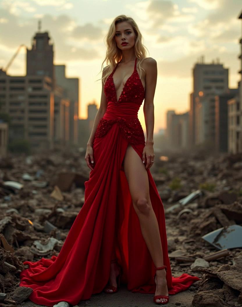 Prompt: stunning supermodel walks through the ruins, the camera zooms in on her face, smiling erotically at the viewer