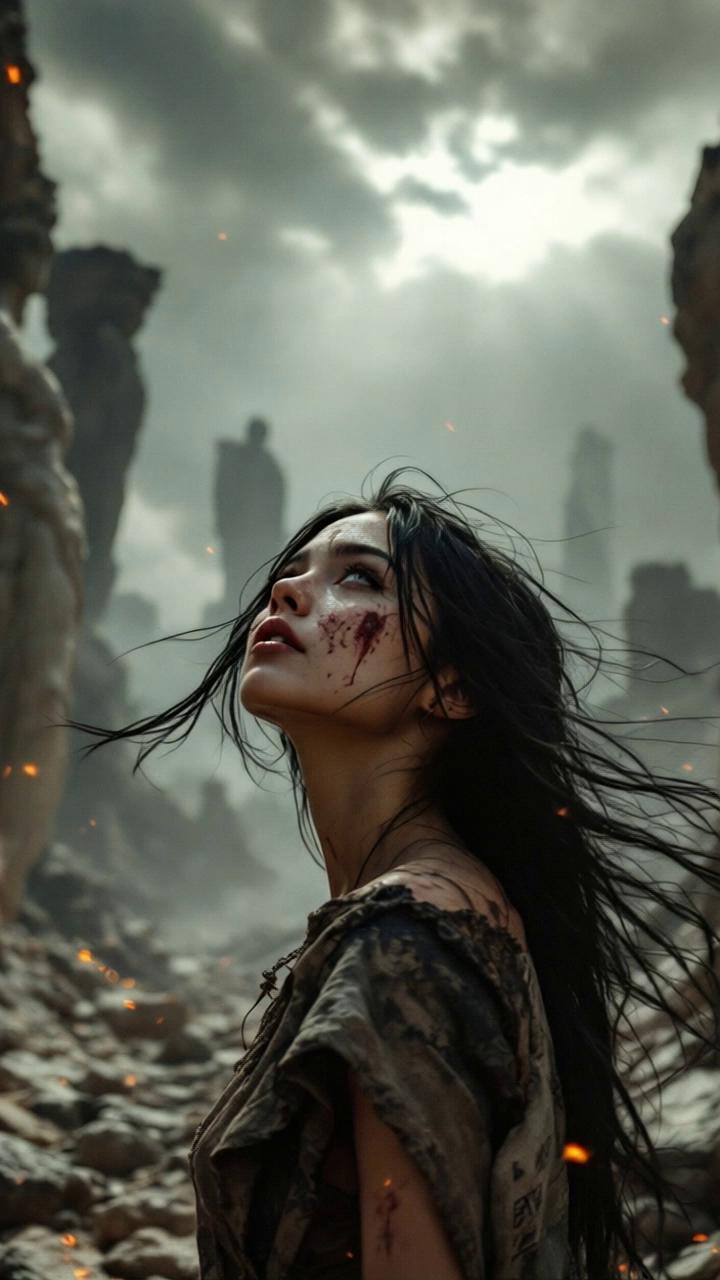 Prompt: the young woman walks through the ruins of a destroyed city and looks around intensely, despair surrounds her and her torn clothes flutter in the wind.