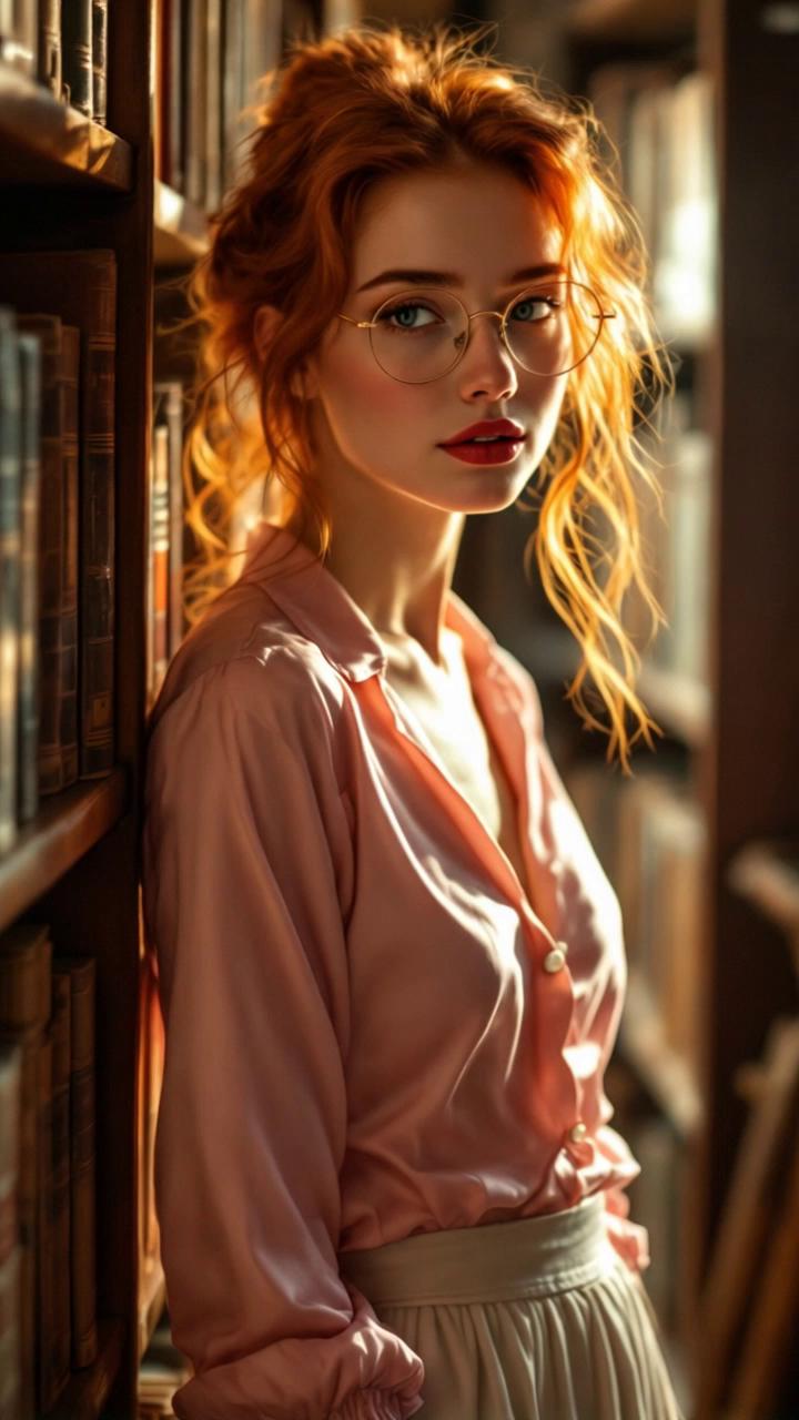 Prompt: the enchantingly beautiful librarian unbuttons her blouse, she turns slowly to the viewer with a sweet smile