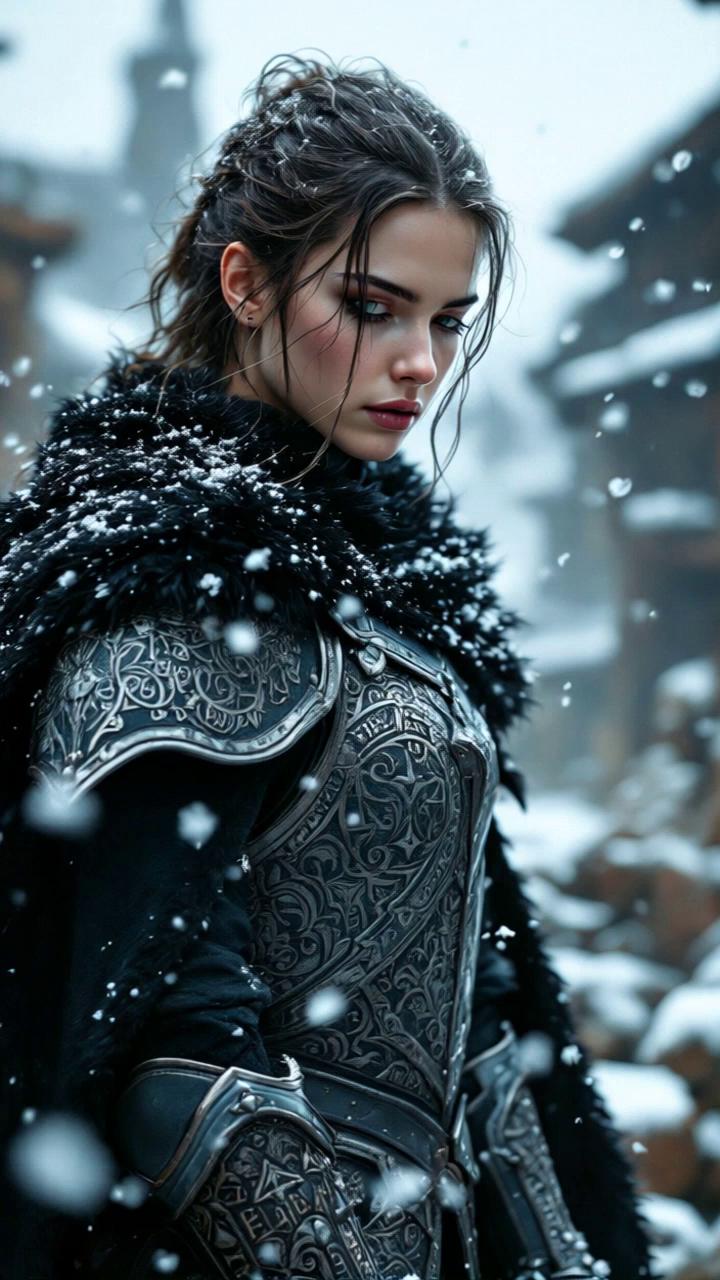 Prompt: walks dreamily through the snow, the camera zooms out and flies round the girl