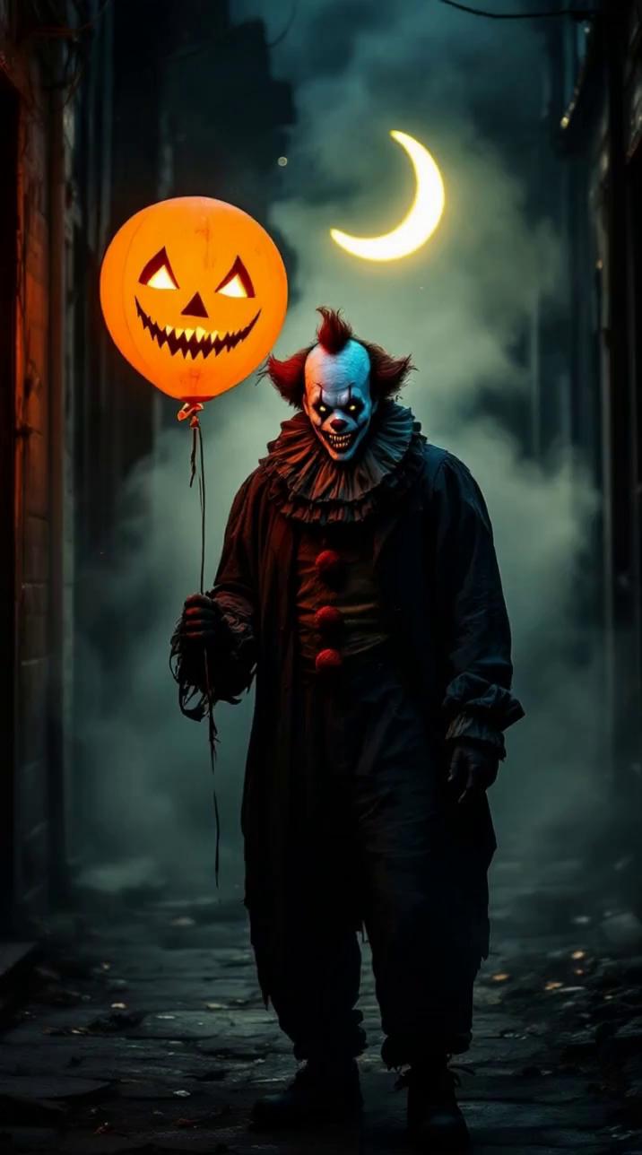 Prompt: Creepy horror clown walks into a dimly lit alleyway, holding a flickering glowing pumpkin head balloon.
 