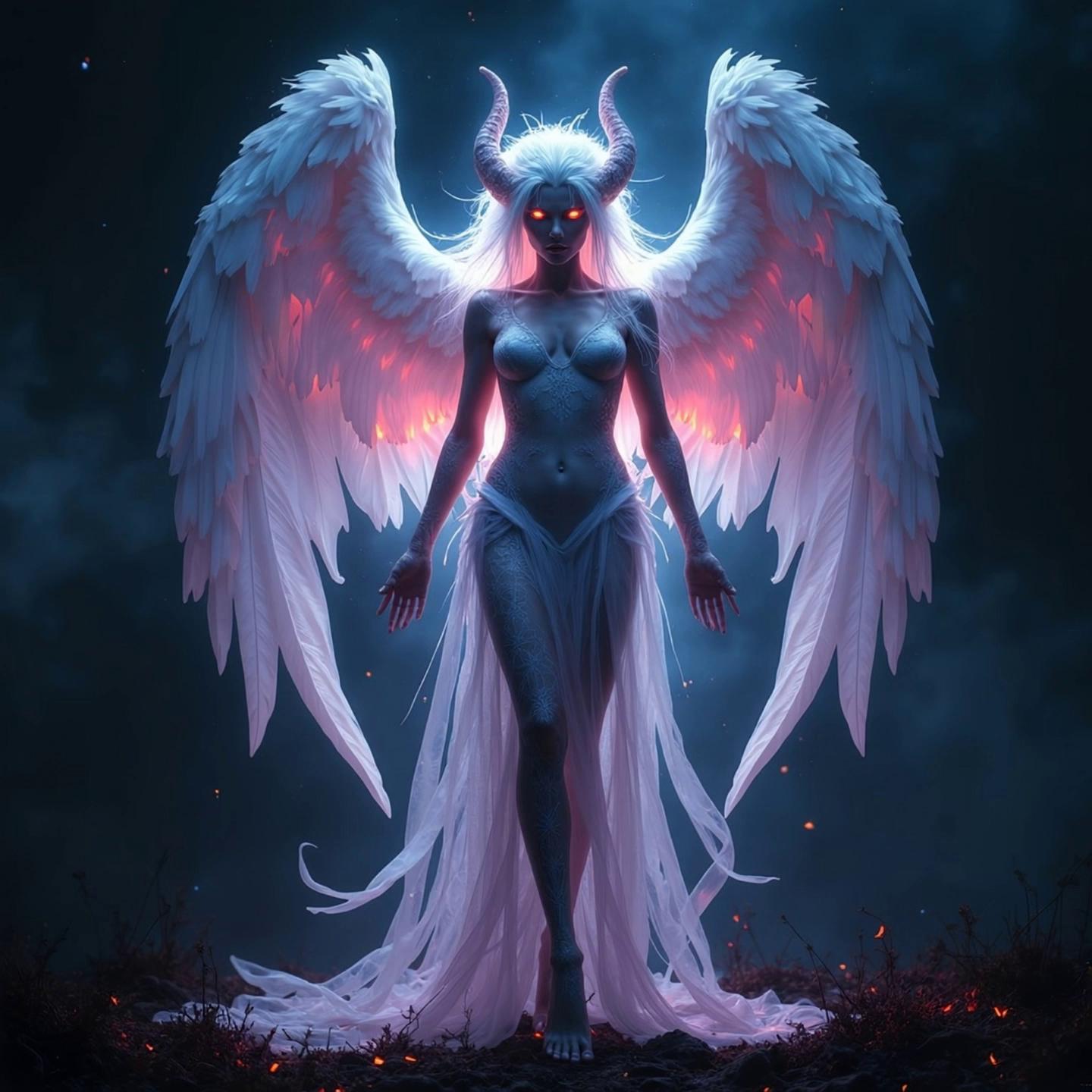 Prompt: The female creature spreads her wings, which are highly detailed and appear lifelike. She walks towards the viewer with majestic steps, while the camera lingers on her upper body. Her chest moves elegantly up and down with each step. She bares her fangs. The gloomy surroundings appear vivid and surreal, with dark purple mist swirling around her legs.