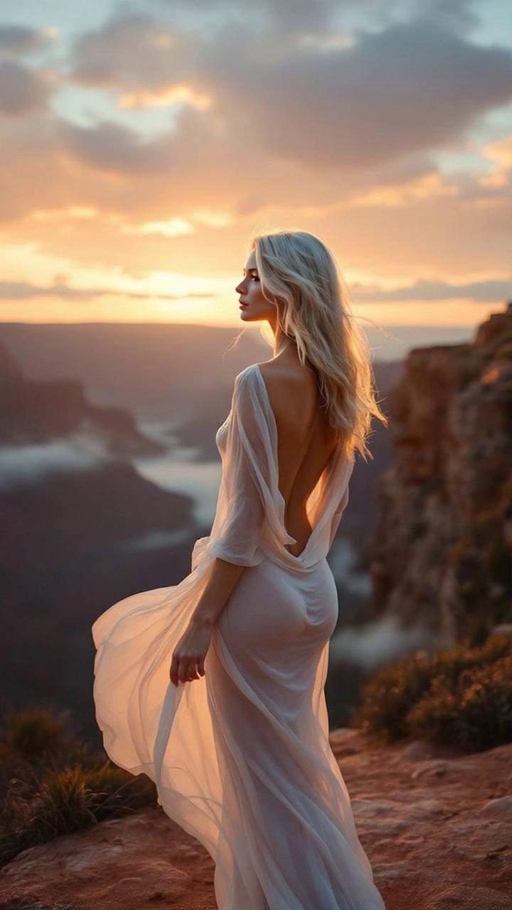 Prompt: the enchanting young woman in the sheer outfit turns round towards the viewer and walks towards him. The camera zooms in on her upper body and moves slowly around her in a drone flight.