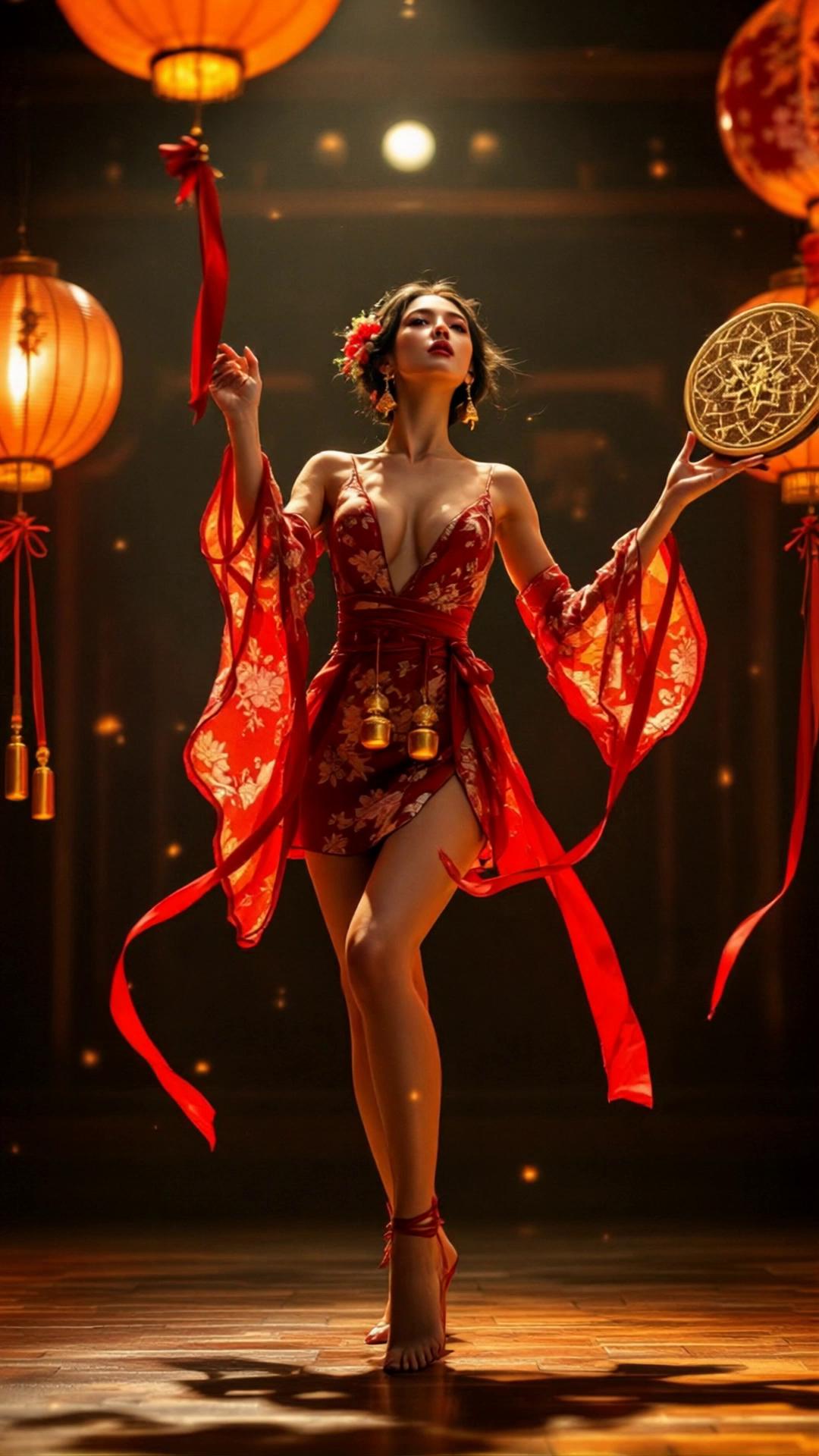 Prompt: gorgeous young Korean woman dances a traditional chinese dance, her delicate and graceful movements enchant the viewer, the camera slowly zooms in on her upper body.