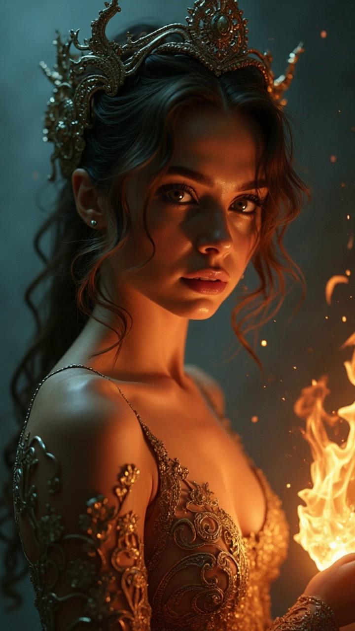 Prompt: the young woman turns towards the viewer, an alchemical fire blazes in her hands, small particles of fire dance in the air. The camera slowly zooms out as a gentle smile flits across her face