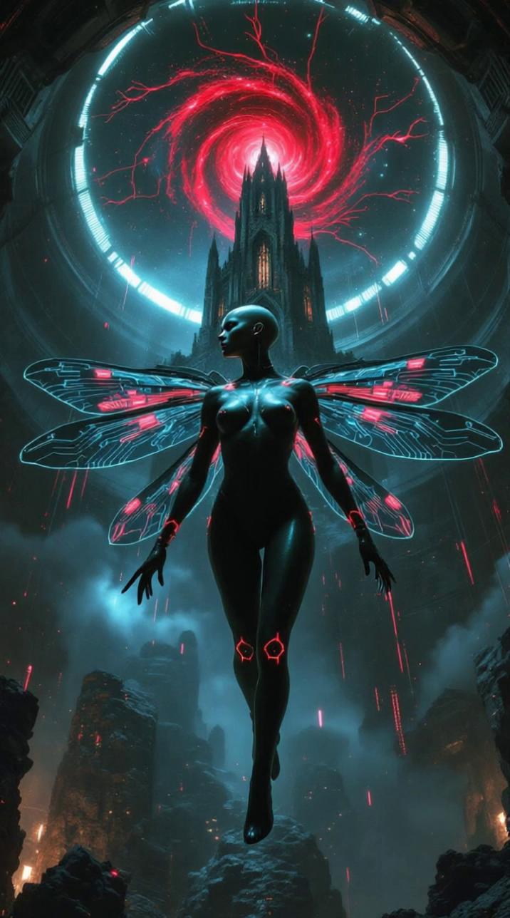 Prompt: The cybernetic goddess moves her wings and flies towards the sky. Pink neon flashes illuminate the surroundings A dystrophic fog settles over the scenario