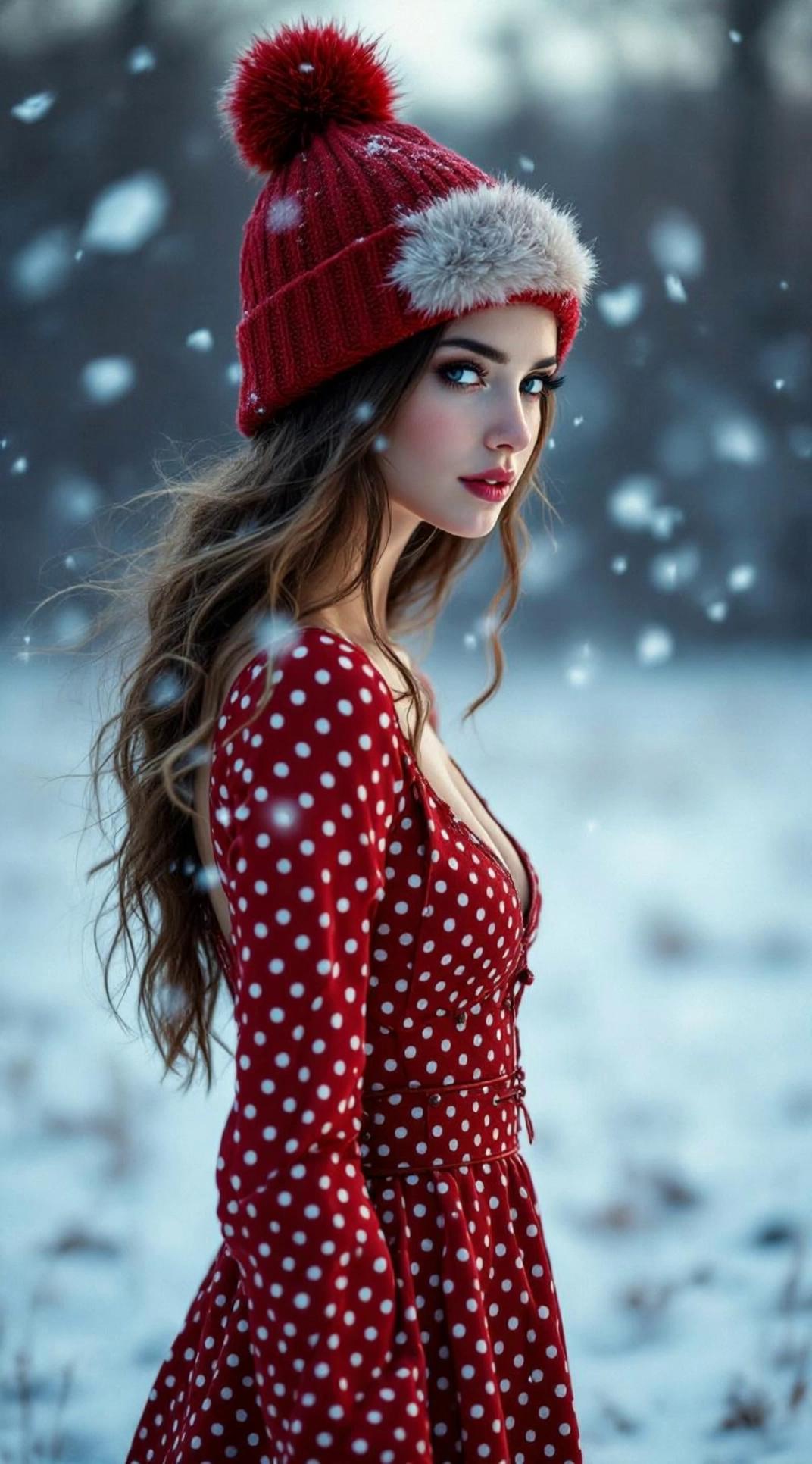 Prompt: The young woman stands in the middle of a fierce snowstorm.Her hair and dress flutter wildly in the wind.She turns toward the viewer, the strap of her dress slips from her shoulder, and she runs her hand through her hair.The camera slowly zooms out as the beautiful girl walks toward the viewer with elegant steps.