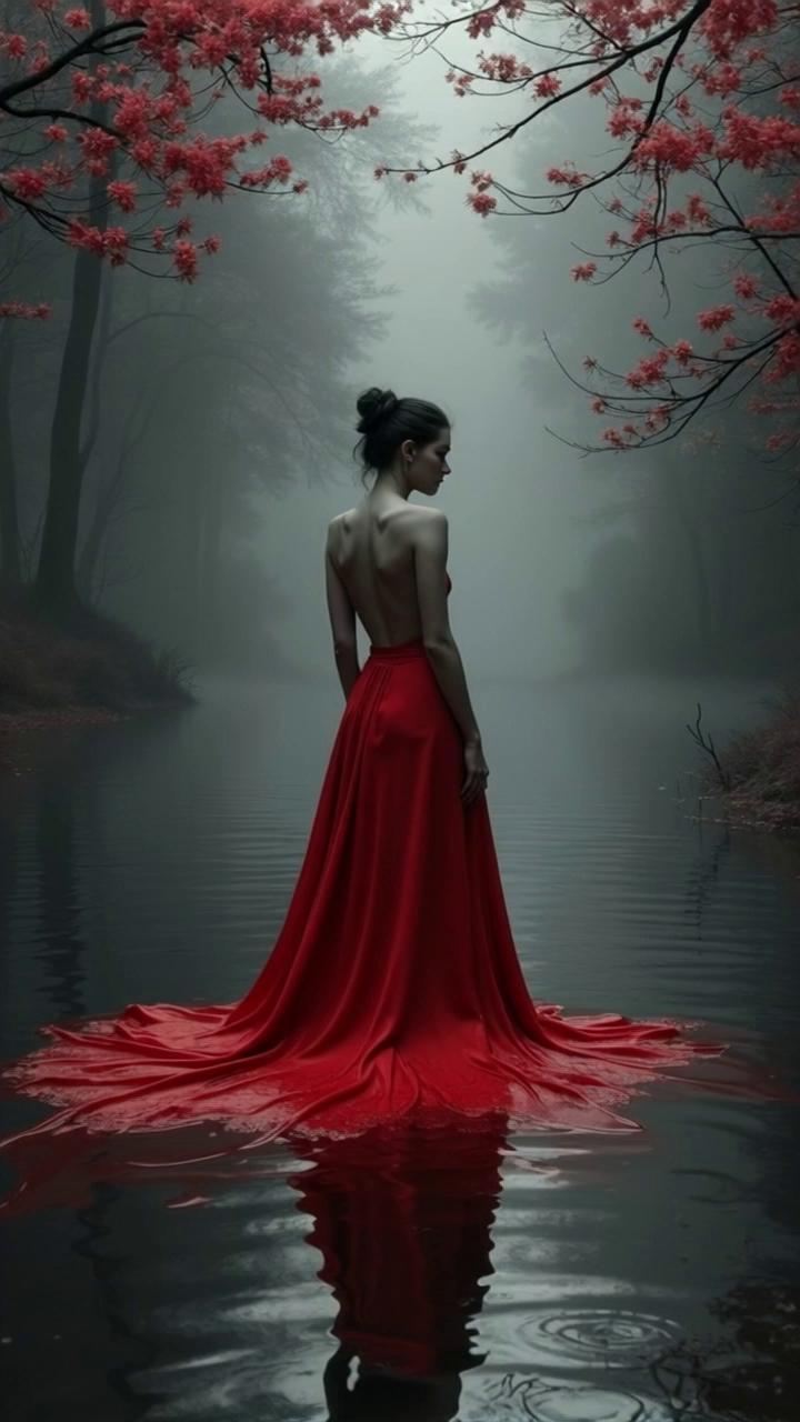 Prompt: beautiful young woman in a flowing red dress turns towards the viewer, light mist wafts over the surface of the water and creates a mysterious and surreal overall impression. The camera zooms in on her upper body.
