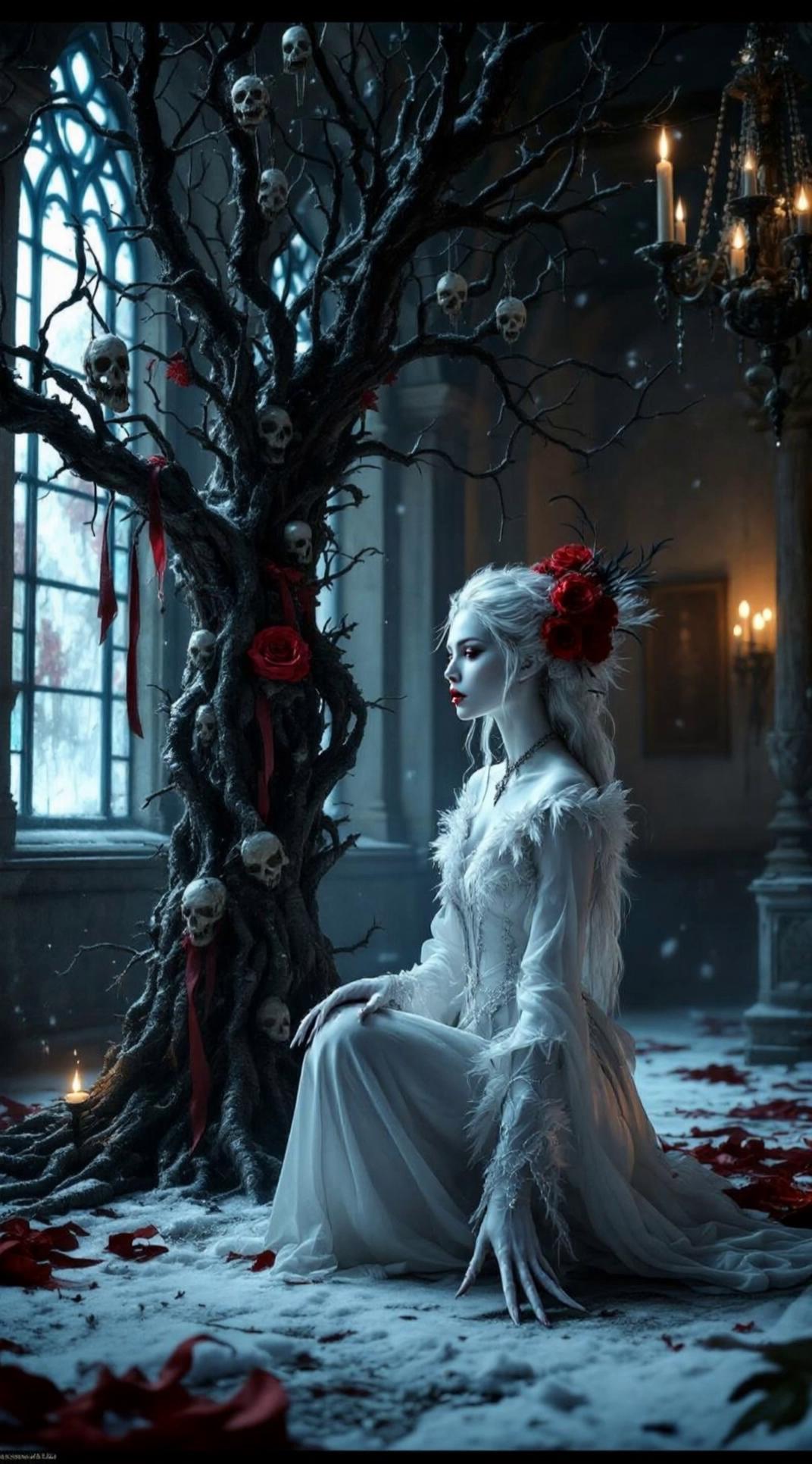 Prompt: The young woman conjures up Northwind Spirits with her hands, which swirl around the barren tree, illuminated in blue.
The camera slowly zooms out.
The woman stands up and performs a folkloric incantation dance.