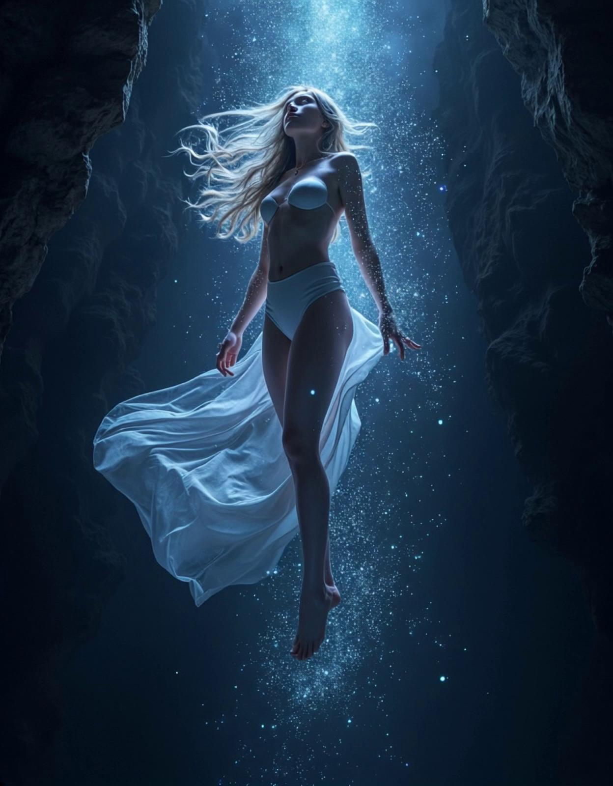 Prompt: the girl floats weightlessly through lonely space