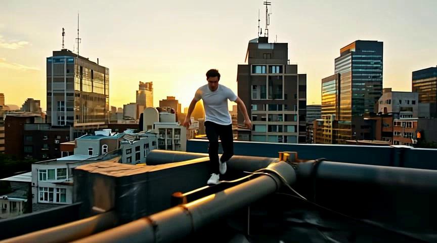 Prompt: A free young asian runner vaults across rooftops, flips over pipes, and slides under cables. Each landing kicks up dust and loose tiles. Background: golden sunrise spilling across a sprawling city. Camera: handheld chase with sudden whip-pans and close-up inserts on feet and hands, then wide-angle crane shot to reveal a massive rooftop jump. Style: high-contrast golden tones, cinematic realism. Final: slow-motion flip across a gap with lens flare exploding behind.