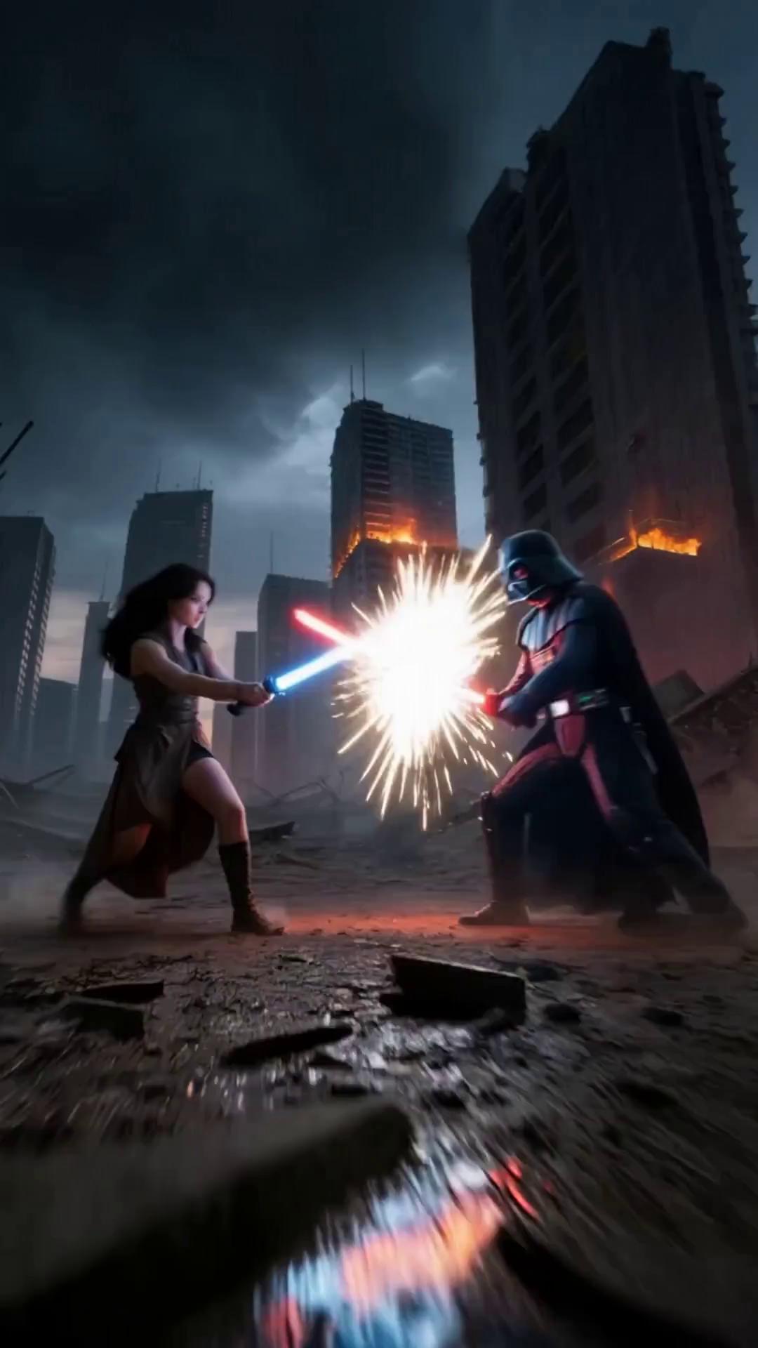 Prompt: @image-1765686643133-1 is fighting @image-1765686907089-2  in a ruined City like in @image-1765686919046-3 and @image-1765686921239-4 . She is wearing dark robes and using a blue lightsaber. The battle is epic and fast paced, but she can keep up with him.They clash instantly — sabers meet with intense crackling force. Miranda spins, ducks, and lunges, her moves agile and fast. Vader counters with heavy, controlled strikes. Sparks fly as blades collide, and Miranda dodges falling rubble mid-fight. Vader uses the Force to throw debris her way, which she slices through mid-air. She flips over a shattered beam and lands, ready for another strike. Both characters are locked in a fluid, relentless back-and-forth battleA war-torn futuristic city at night, with collapsed buildings, glowing embers, and flickering fires in the rubble. It’s raining steadily, with water running down broken concrete and glass. The stormy skyline is visible through the broken silhouettes of skyscrapersPhotorealistic. Real-time video pacing — no slow motion. Fast, handheld-style camera tracking keeps up with the combat. Natural storm lighting mixed with dramatic glows from the red and white lightsabers. The ground reflects rain and light. Sparks, mist, and saber glow interact with the rain and environment. Cinematic, high-contrast visual style with dramatic atmosphere and kinetic movement
