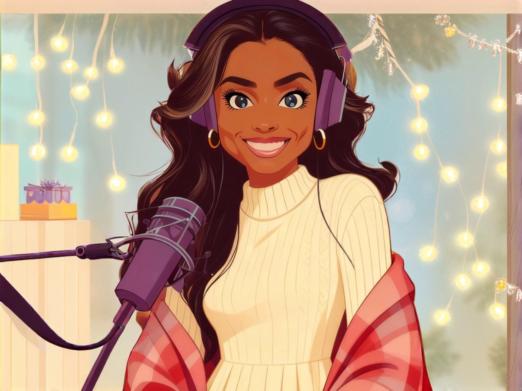 Prompt: talking to the camera with natural hand and body movements such as sligthly touching the mic and adjusting her red plaid shaul