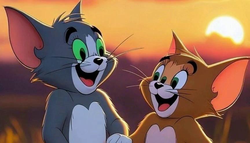 Prompt: This image is a digital illustration in a vibrant, cartoon style, depicting two anthropomorphic cats standing in a grassy field during a stunning sunset. The cat on the left is grey with a white chest and paws, while the cat on the right is brown with a white chest and paws. Both cats have large, expressive green eyes and are smiling broadly, appearing joyful and friendly. The grey cat's left paw is raised as if waving or gesturing, while the brown cat's right paw is extended towards the grey cat, suggesting a handshake or friendly interaction.

The background features a picturesque sunset with a gradient sky that transitions from deep orange and pink near the horizon to darker purple and blue higher up. The sun is partially visible, just above the horizon, casting a warm, golden light over the scene. The grassy field is dotted with small, pink flowers that add a touch of color to the foreground. The overall texture of the illustration is smooth and polished, with a soft focus on the background that emphasizes the characters in the foreground. The warm, glowing colors of the sunset contrast with the cooler, darker hues of the evening sky, creating a peaceful and enchanting atmosphere.