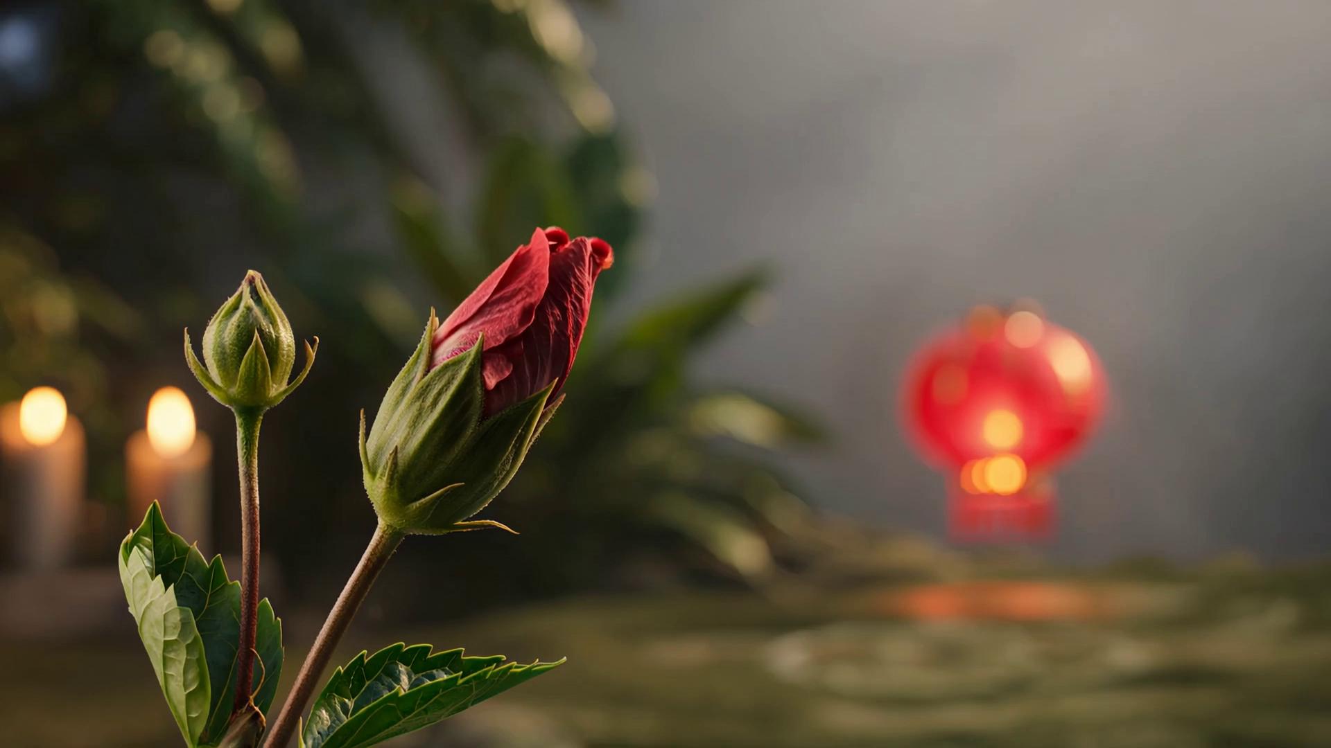 Prompt: A poetic visual metamorphosis sequence:
Scene 1: A closed hibiscus bud begins to bloom slowly into a vibrant red Malaysian national flower, petals unfolding delicately under soft sunlight, surrounded by tropical greenery.
Scene 2: The fully bloomed hibiscus morphs gracefully into a glowing red Chinese lantern (tanglung), floating mid-air, with warm festive lighting and subtle motion blur.
Scene 3: The lantern dissolves into colored dust, swirling on the ground and forming a traditional Indian kolam (rangoli) made of colored rice and flour, intricate patterns glowing slightly, surrounded by candles, symbolizing unity in Malaysian multicultural heritage.
Ultra detailed, cinematic lighting, soft focus transitions, high resolution, magical realism.