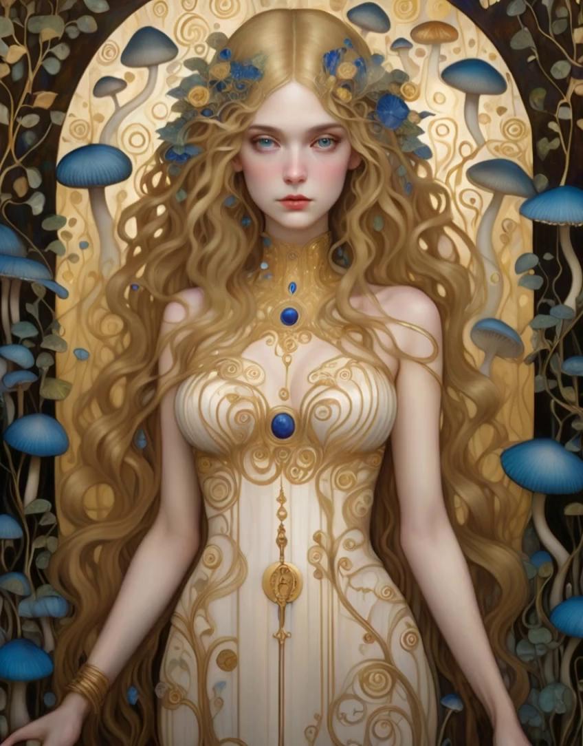 Prompt: Alice gently steps forward, she feels her chest with both hands and smiles. A respectful remix by JOC.