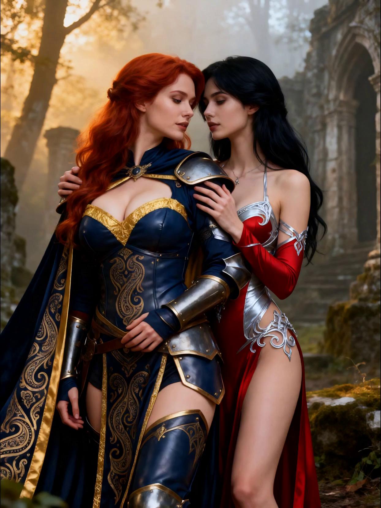 Prompt: Belletayne, the beautiful, well endowed, redhead Sorceress Knight in navy blue and gold leather armour with paisley patterns and Aphric, her raven haired goddess apprentice and lover in red and silver. Unable to contain their desire for each other, they kiss passionately.  