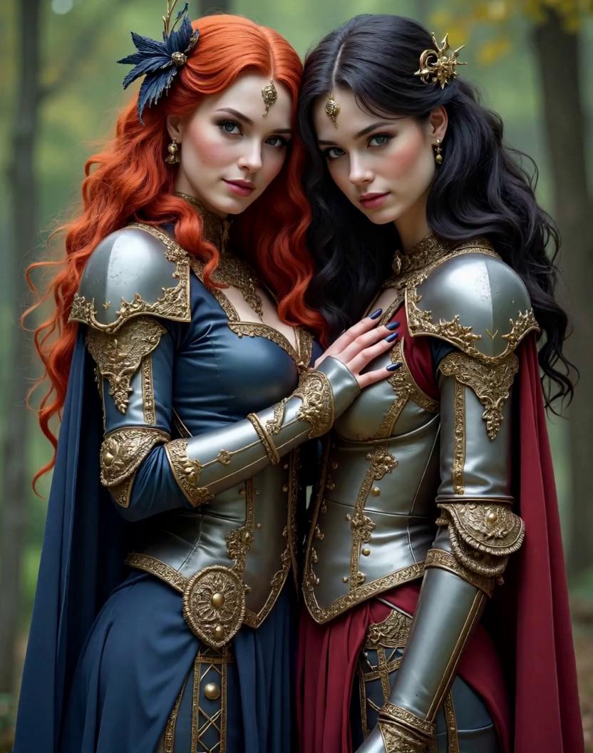 Prompt: Belletayne, the beautiful, well endowed, redhead Sorceress Knight in navy blue and gold leather armour with paisley patterns and Aphric, her raven haired goddess apprentice and lover in red and silver. Unable to contain their desire for each other, they kiss passionately.  