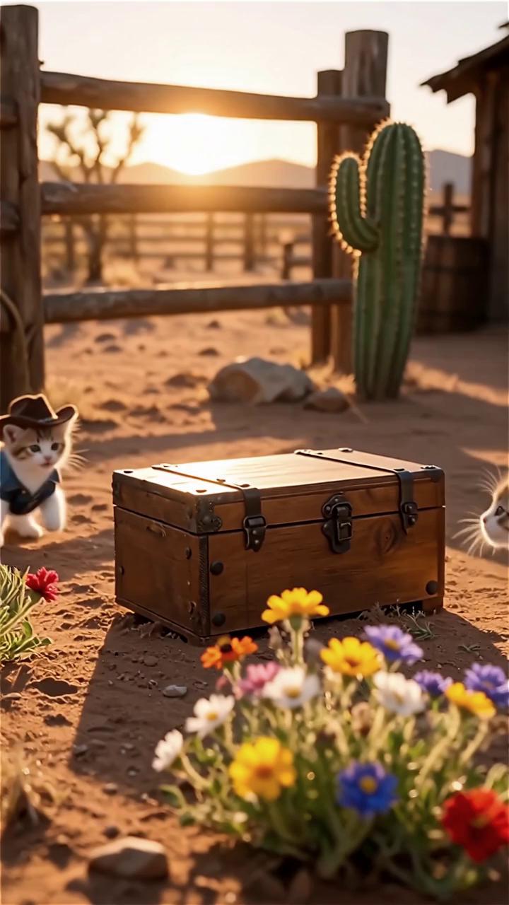 Prompt: Imagine a lively, sun-soaked scene on a dusty western landscape, where playful kittens dressed as pint-sized cowboys and Indians are engaged in a playful showdown. As they play, they make cute meowing and purring noises. The golden hues of a late afternoon sun cast long shadows across a rustic wooden corral, enhancing the vibrant colors of their tiny outfits—denim waistcoats, miniature cowboy hats, and colorful feathered headdresses. One brave kitten perches atop a small wooden chest, eyes wide with excitement, while another peers curiously from behind a cactus, its tail flicking with anticipation. Groups of wildflowers dot the foreground, swaying gently in the warm breeze, adding bursts of color to the scene. The atmosphere is filled with a sense of mischief and camaraderie, perfect for a fun, photorealistic viral video captured in cinematic lighting, showcasing their endearing antics amidst the enchanting backdrop of the Wild West.
