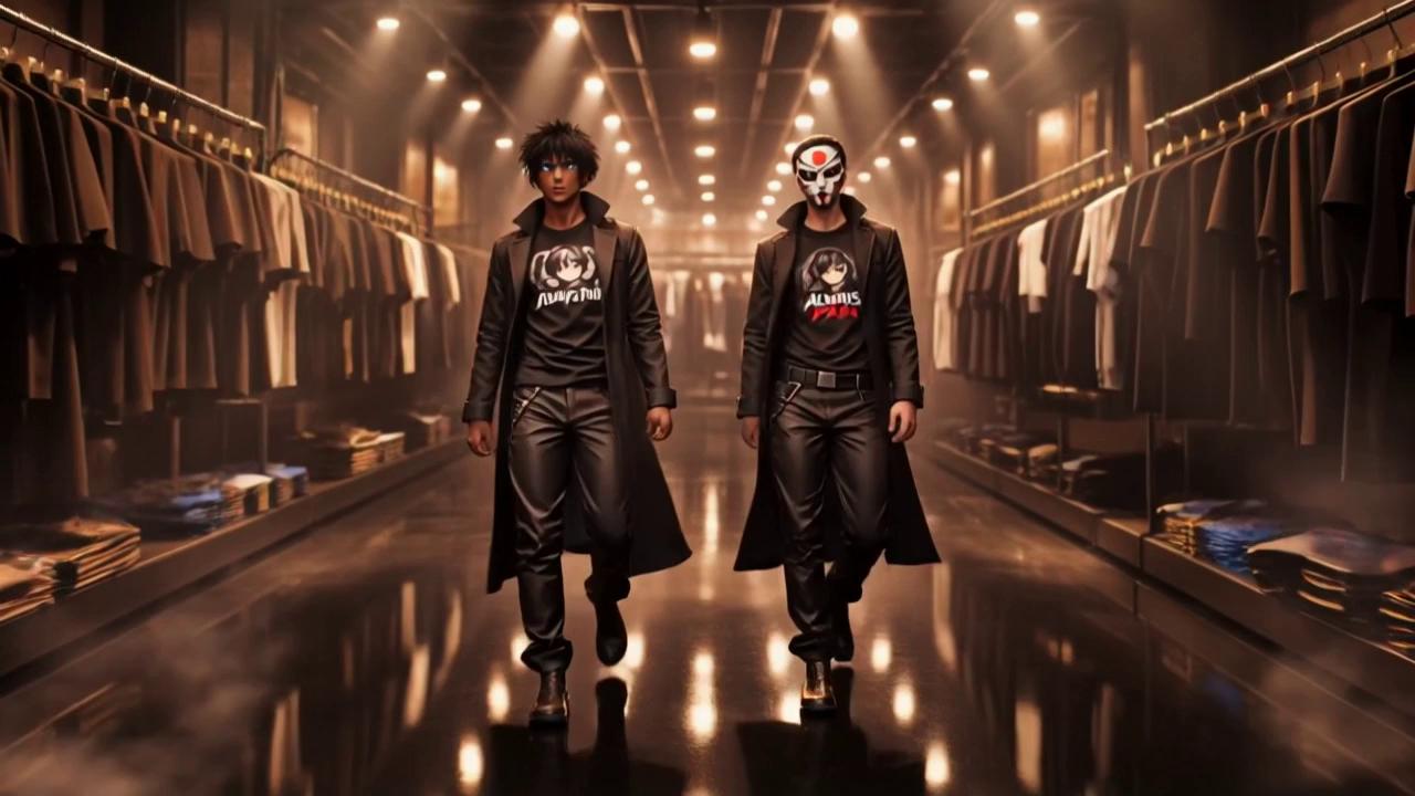 Prompt: 3D anime-cinematic clothing store aisle, two streetwear fighters walking side-by-side in sync, long dark coats, black graphic tees, dramatic overhead spotlights, glossy floor reflections, racks of clothing left and right, moody atmosphere, 3:2