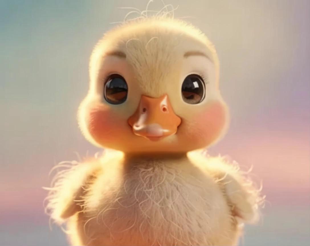 Prompt: a cute baby duck stands in the center of the frame. something sparkles softly off-screen, and the duck suddenly widens its eyes, opens its tiny beak in surprise, and flaps its little wings twice. pastel colors, soft lighting, kid-friendly animation, stable camera, clean bright background.