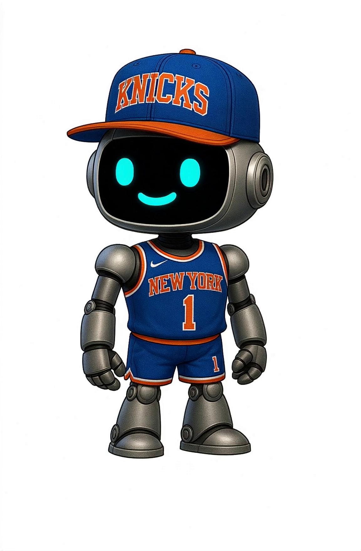Prompt: 🔹 Scene 3: “Press Conference.exe”

"DBot stands at a futuristic press podium with Knicks and NBA Finals logos on holographic banners behind him. Camera pans across cyber journalists made of wireframes, holding floating microphones. DBot wears virtual sunglasses and answers questions with sarcastic confidence. Subtle animations of player stats and emojis float around him — cool, sarcastic, futuristic media moment"