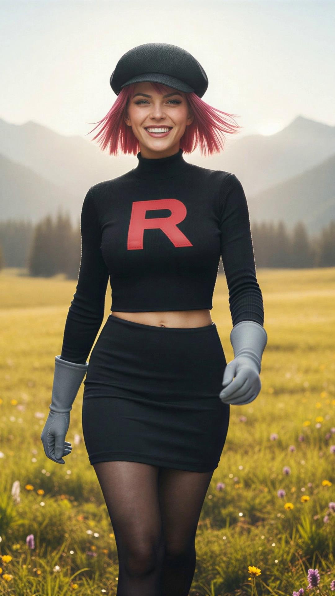 Prompt: always the same distance of the person to the camera, joyfully walking, the background is the meadow changing through all 4 seasons