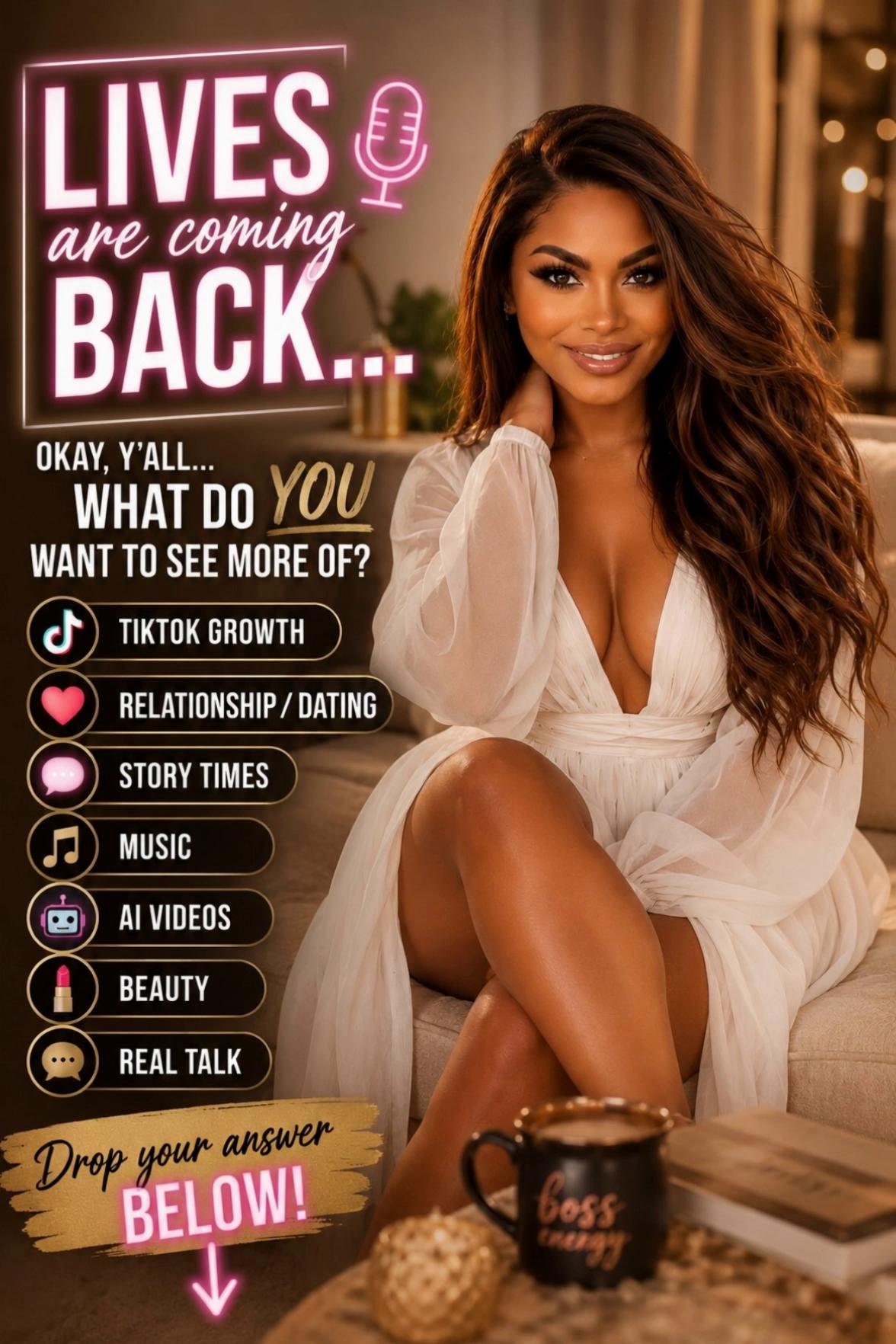 Prompt: Host @[Warm Female Voice] says, "Don't call it a comeback. I'm thinking about bringing my lives back. What do you want to see more of? TikTok growth, story times, dating, music, AI videos, beauty, or real talk? Tell me below."