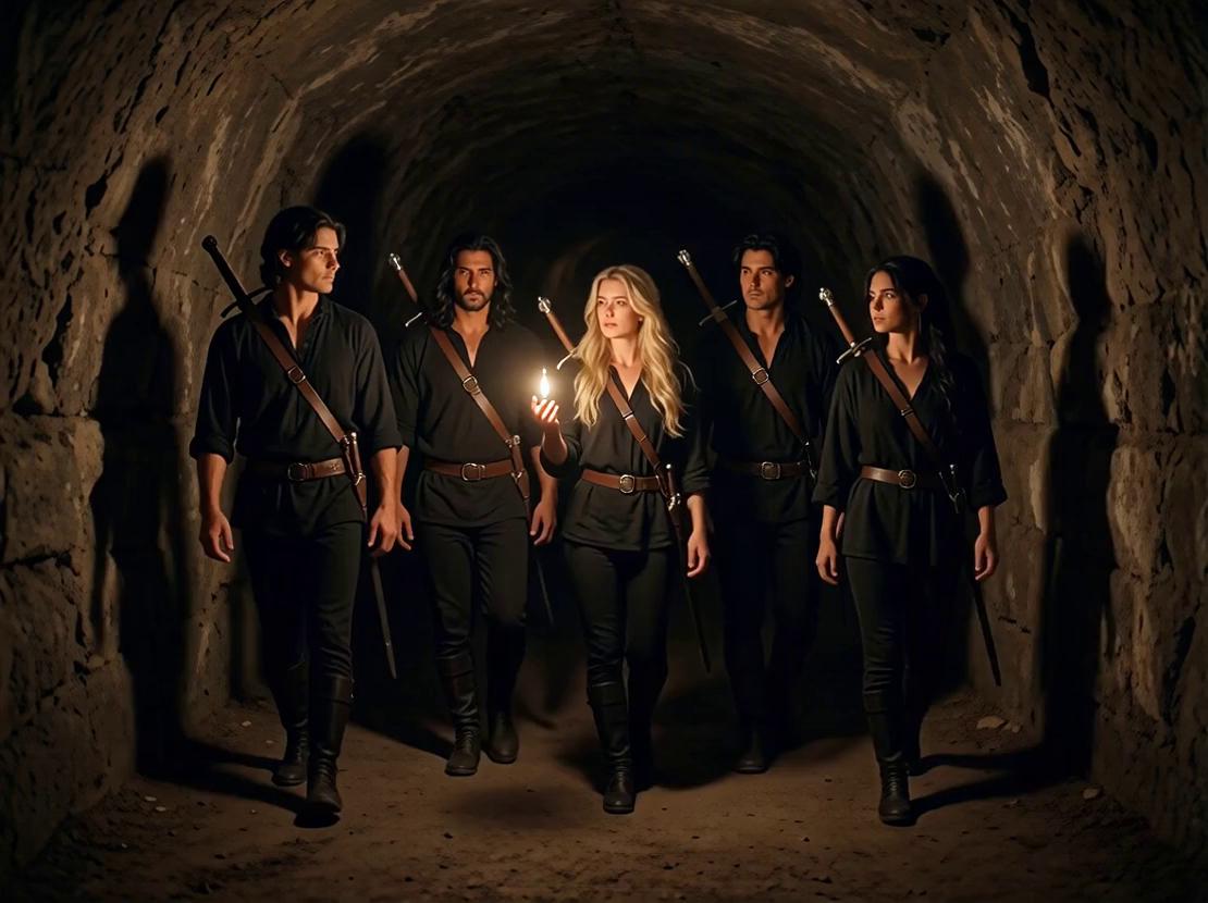 Prompt: The characters walk through the tunnel. The only light is the gentle light emitted from the blonde woman's hand. All characters have intense facial expressions. the video ends with a fade to black.