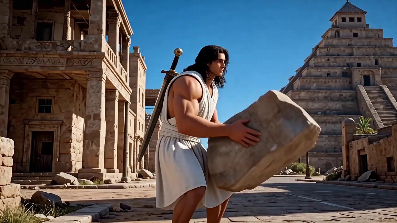 Prompt: Dakpal is a warrior priest living in antediluvian times. He wears a white robe that is calf-length and an impressive sword on his back with the pommel visible. He is in prime physical condition with very large, thick muscles, Mediterranean complexion and handsome, waist-length long black hair, brown eyes, 6’7” tall, age 16. He stands in an ancient city street with a large ziggurat in the far background. There is a large piece of stone debris in the street, and he lifts this debris over his head and carries it to the side of the street where he sets it down. The breeze gently blows through his long black hair.  live-action cinematic realism, photorealistic humans, natural lighting and color, no animation, no cartoon, no stylization
