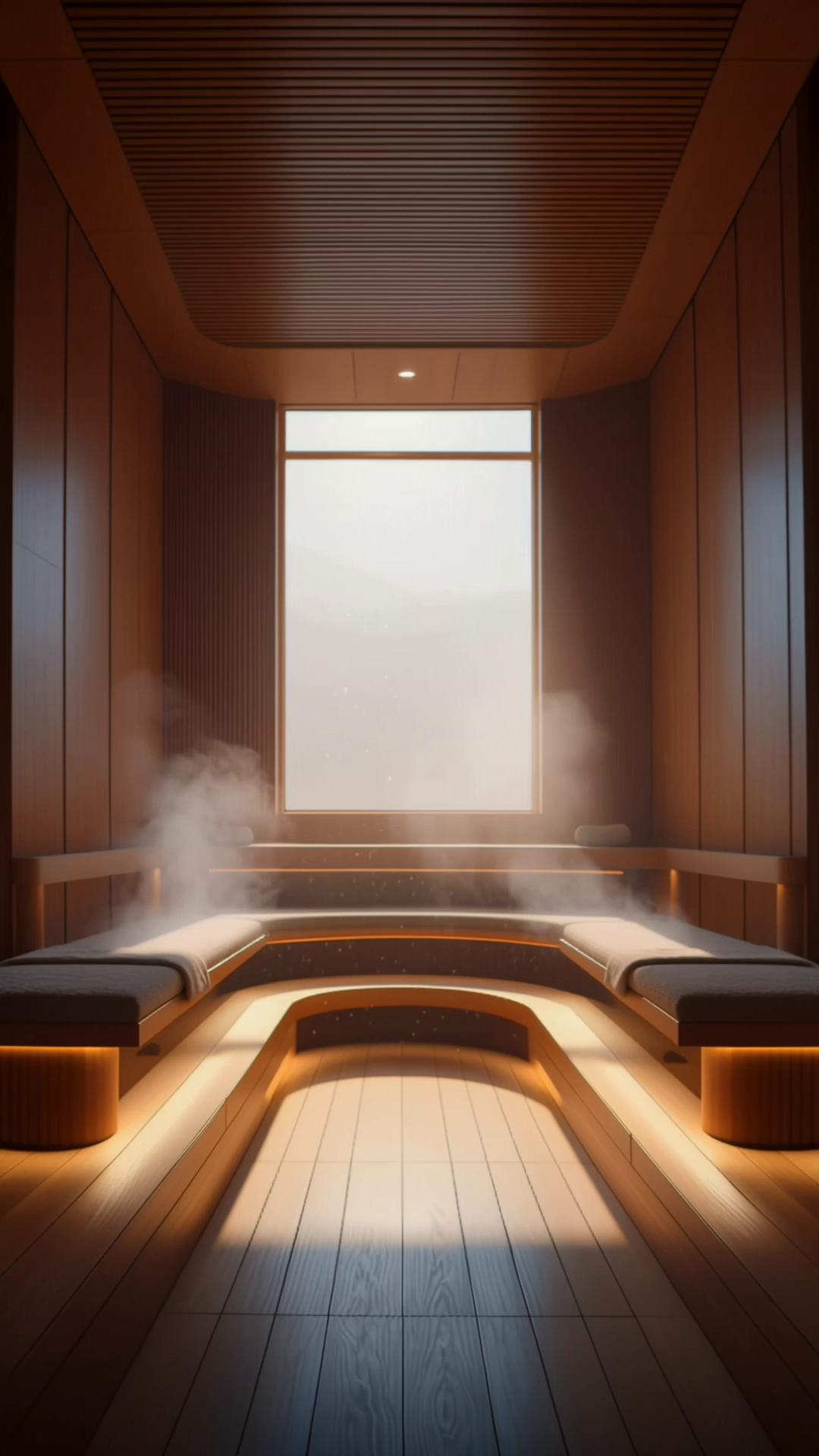 Prompt: Cinematic wide shot of a serene modern sauna interior with soft steam rising, warm wooden walls and benches, gentle natural light filtering in, peaceful spa atmosphere, minimal composition, slow subtle camera push-in, ultra realistic, 4K, wellness aesthetic, no people, no text, no logos.