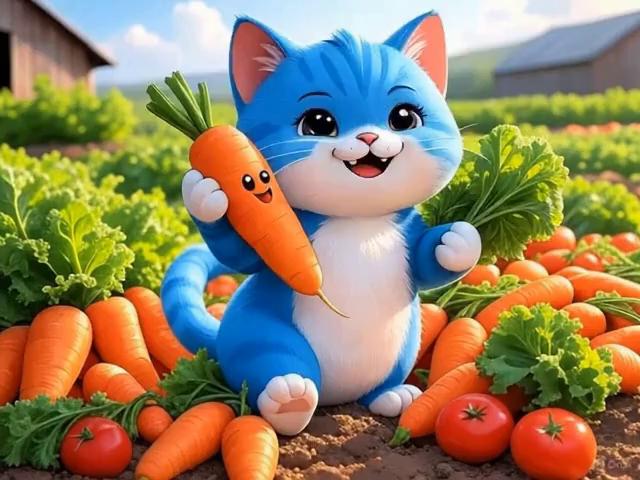 Prompt: Harvesting Carrots
The cat uses its hoe to dig up carrots, proudly holding one up with a big grin, surrounded by a pile of fresh veggies.