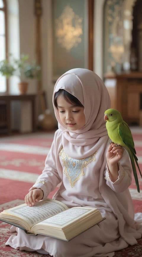 Prompt: A cute 2–3-year-old Bengali Muslim girl sitting on a prayer mat (janamaz), reciting the Holy Quran. She gently touches the Quran with her right-hand finger while looking attentively at the Arabic letters. The little girl is wearing beautiful Islamic clothes and a soft hijab on her head. A small green parrot is sitting calmly on her left hand, listening to the Quran recitation and nodding its head slightly. The background is softly Islamic — a peaceful, warm-lit room with spiritual decor, Arabic calligraphy, and a calm atmosphere filled with devotion and innocence.