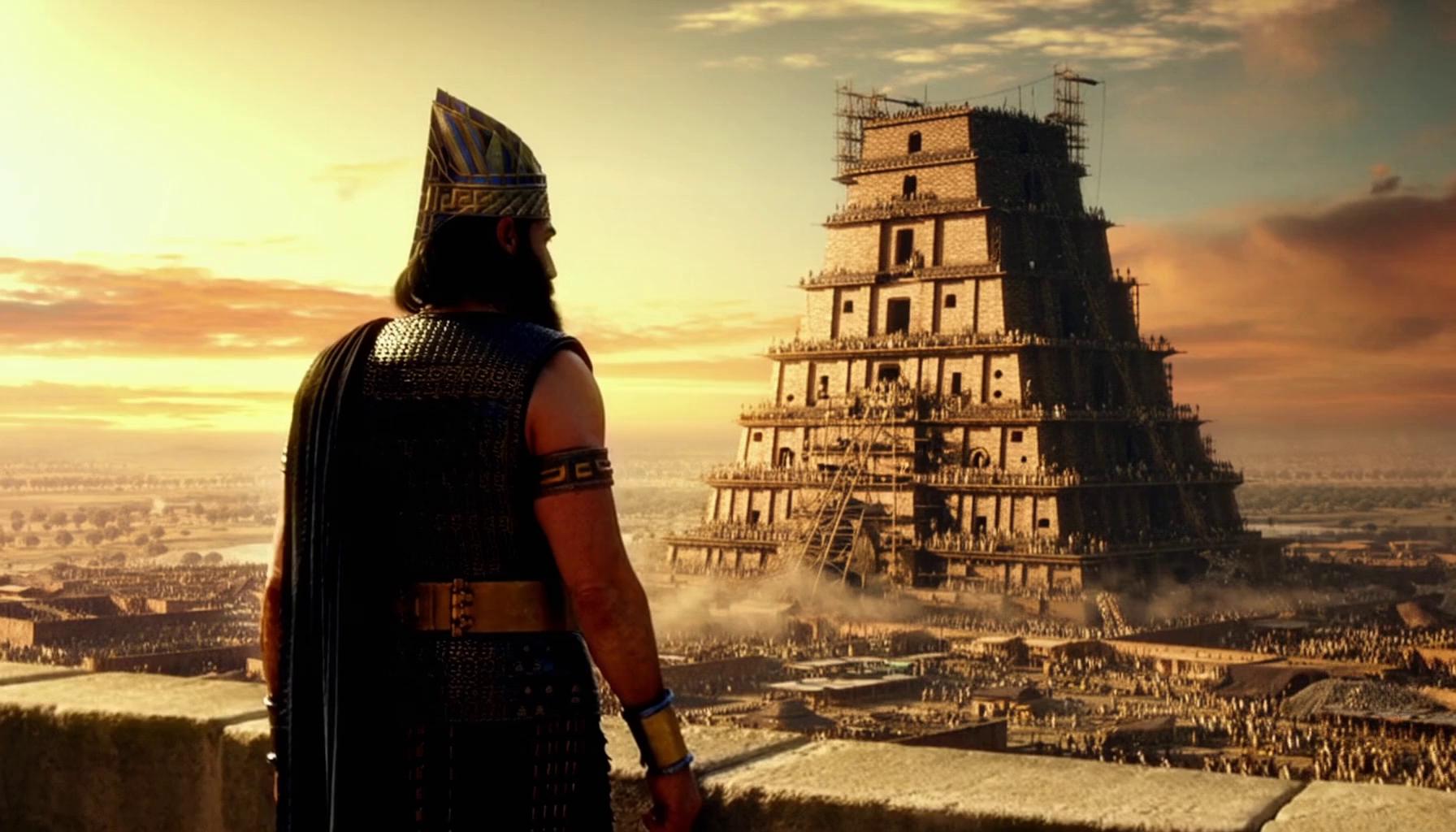 Prompt: a tall athletic Mesopotamian king watching Tower of Babel being built