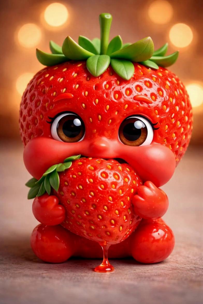 Prompt: англисче):
A cute 3D anthropomorphic strawberry character, ultra-detailed and glossy texture, big expressive eyes and soft cheeks. The strawberry is slowly eating a fresh ripe strawberry, biting gently with visible juice dripping down. Strong ASMR food style, satisfying crunchy and juicy eating sounds feeling. Slow motion chewing, realistic bite marks, sticky fruit texture. Cozy warm lighting, cinematic bokeh background, Pixar-style 3D, macro close-up shot, shallow depth of field. Ultra high quality, 4K, hyper-realistic textures, smooth animation. Vertical format 9:16.