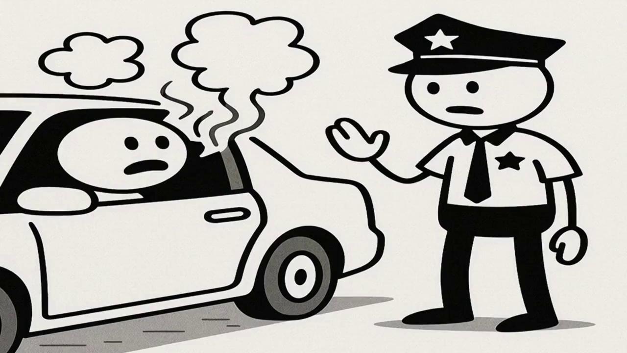 Prompt: after the cop checks his license he comes back to the car to ask the driver a question. He asks him if there is any drugs in the car. the driver responds not anymore and the cop starts to laugh.