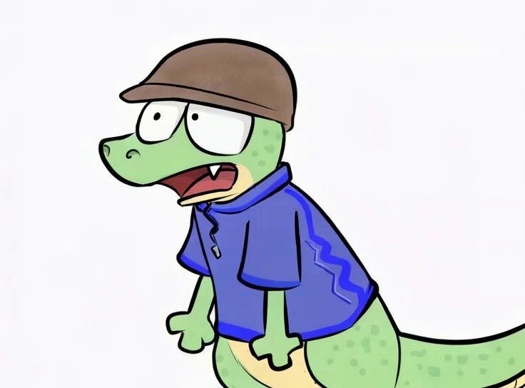 Prompt: A light green lizard wear a brown baseball hat and blue henley with zipper, it first looks leftward and move its head leftward and downward slowly, it stay in the same position with surprised expression, then it suddenly move its head upward a lot with eyes widely opened and mouth opened and tongue stretch out and move its both arms upward and its left hand pointed leftward, yelling and shivering