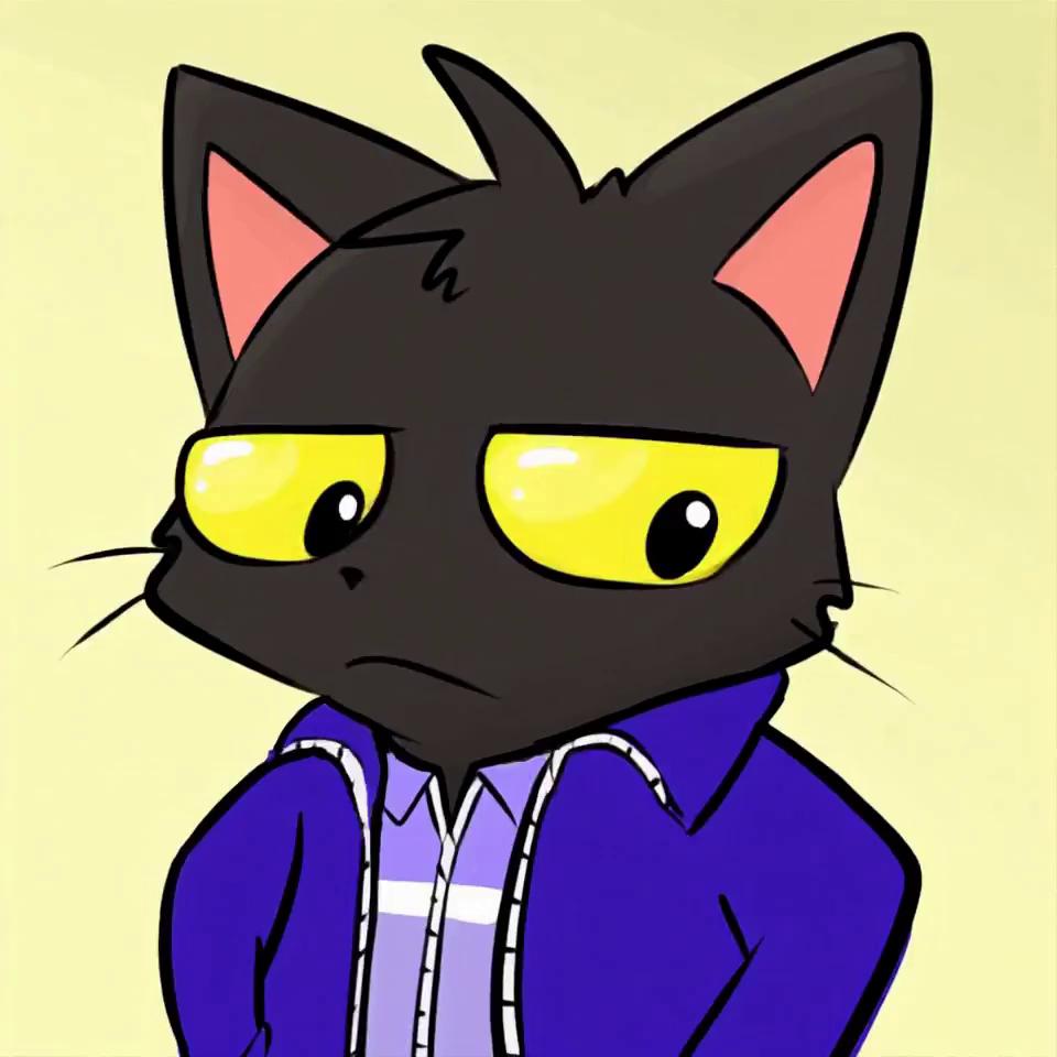 Prompt: A black cat with yellow eyes with black eyeballs, he wear a blue purple jacket and purple T-shirt, his hands are in the pockets of the jacket at start, then he raise his right hand and turn his face toward the viewer, and then says “what’s up?”