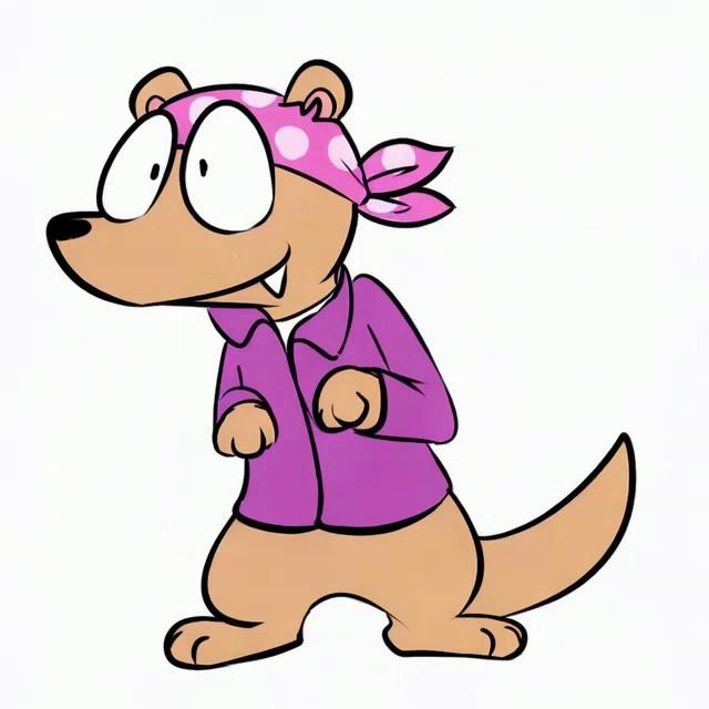 Prompt: The art style is loose and sketchy, with visible construction lines, flat colored, and minimal detail. Lines overlap and vary in pressure, creating a hand-drawn, exploratory look. Anatomy is intentionally exaggerated and imprecise, emphasizing expression over realism. The overall feeling is light, humorous, and spontaneous

A cartoon weasel with a large rounded head and simplified body proportions, when opened mouth the weasel only have one shark teeth on the edge, wearing a light purple scarf on the head with white dots and a light purple thin coat with buttons, the uppermost button is not clamped. The expression is relaxed, slightly smug, and playful, with half-lidded eyes, small dot pupils, and a subtle crooked smile that suggests quiet confidence or mild amusement. The pose is casual, with bent arms and loosely clenched hands, giving an improvised, in-motion feel.

It is looking at rightward with playful expression, it blinks twice while looking. Then it starts to giggles while frequently and rapidly pointing leftward. And then it suddenly get stunned while staring leftward with a sudden cartoony bouncy deformed shake, and then it face rightward and make a prepare to run gesture, and then poof it move quickly rightward off-screen with a smoke remained on the location where it was, slowly spreading away.