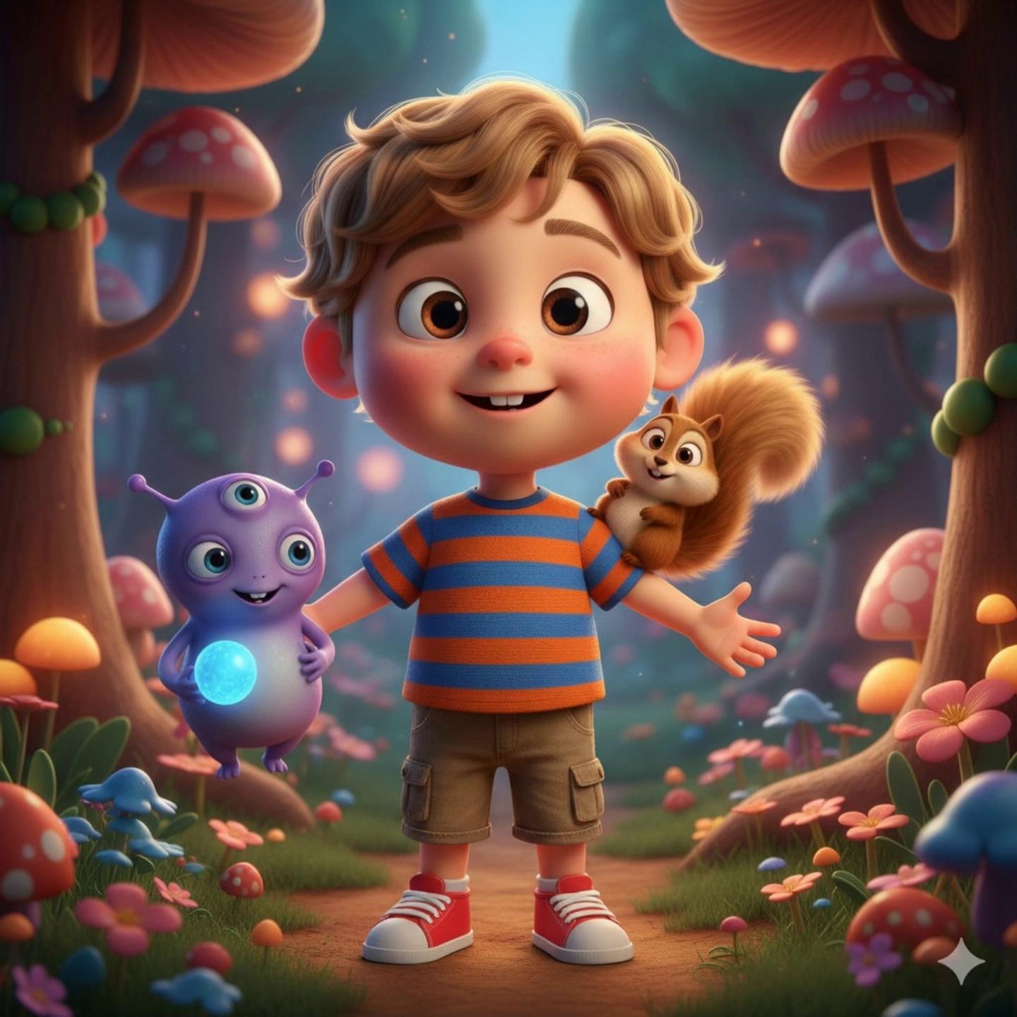 Prompt: boy standing in the woods with a moose next to him in same animation. moose doesn't make a noise. boy says "Believe you can and you're halfway there." Use a little boy voice , lip match the words . boy climbs onto moose and rides it across a lake in the forest. end of video zoom in and boy gives a thumbs up