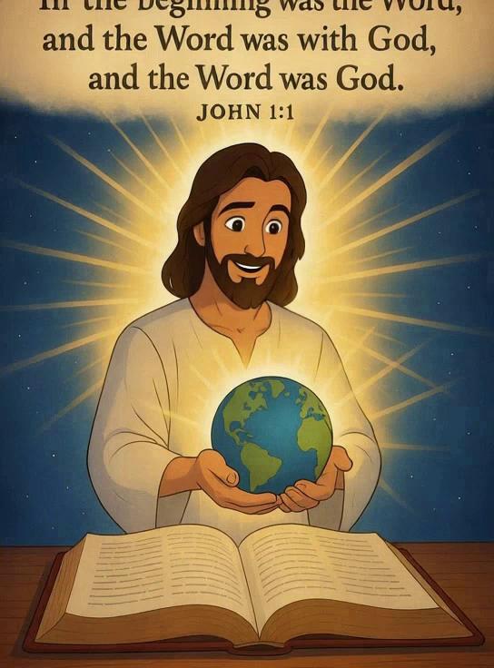 Prompt: Jesus is holding the world in his hands with love and saying in the beginning was the word, and the word was with God, and the word was God.