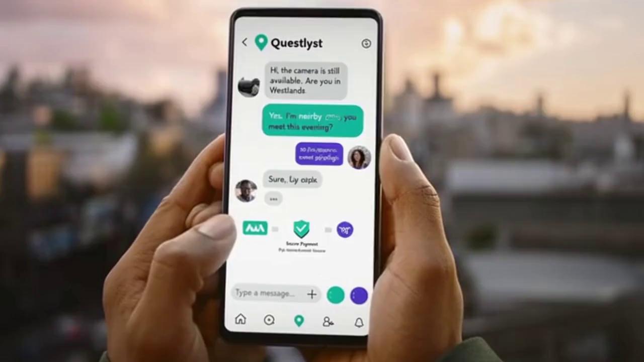 Prompt: “Realistic smartphone screen showing a clean marketplace app called Questlyst, buyer and seller chatting, secure payment icons, M-Pesa logo and crypto icon, Kenyan city background, natural lighting, ultra realistic, 4k, modern UI”