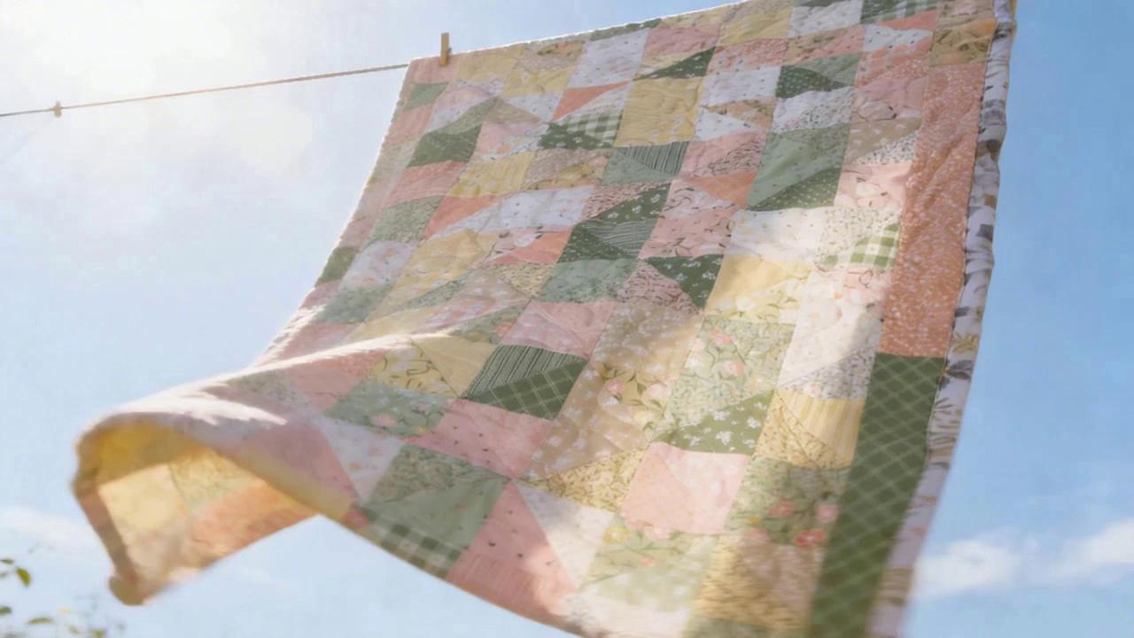 Prompt: "One of a kind quilt new in my Etsy store.  Stop on by and check this comfortable hand made quilt."