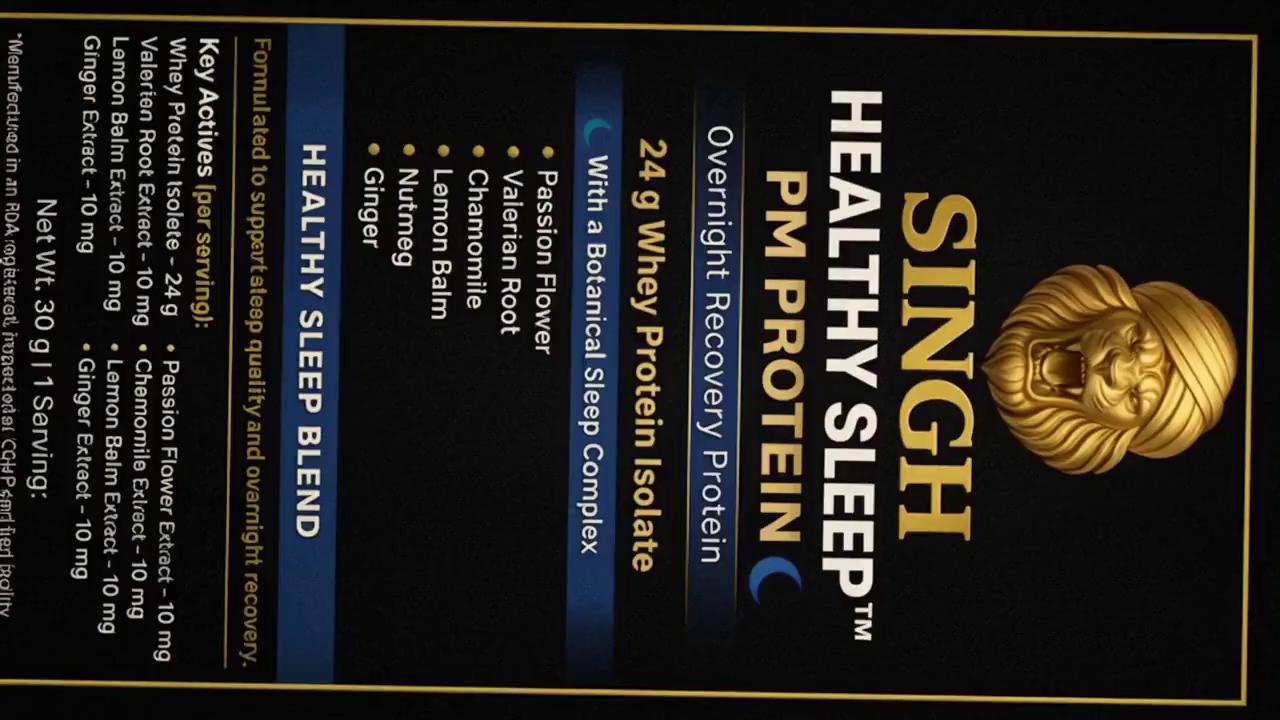 Prompt: FRAME-BY-FRAME
0–2 sec | THE HOOK
Visual:
Dark bedroom. Moonlight. A calm sleeper.
Subtle blue-gold glow begins inside the body.
On-screen text (bold, minimal):
“Sleep isn’t passive.”
2–4 sec | THE IDEA
Visual:
Protein transforms into glowing amino acids flowing through muscle fibers and nervous system.
On-screen text:
“Recovery happens at night.”
4–6 sec | THE BRAND
Visual:
Product jar snaps in cleanly on dark navy background with moon accent.
On-screen text (stacked):
Healthy Sleep™ PM Protein
Overnight Recovery Nutrition
Micro-text (tiny, optional):
Feed the night.
🎙️ OPTIONAL VOICEOVER (VERY SHORT)
“Recovery happens at night.”
(Keep it calm, low, confident.)