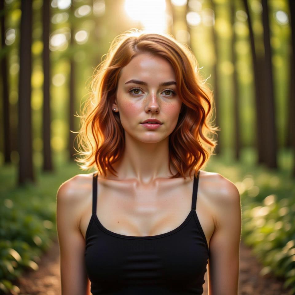 Prompt: photorealistic portrait young woman 7dd483cd with auburn hair, light skin, freckles, brown eyes, black tank top In a sun-drenched forest clearing, a female figure stands confidently, her auburn hair cascading over her shoulders, contrasting sharply with her black tank top that hugs her torso. Freckles sprinkle her light skin like tiny constellations, and her brown eyes glimmer with determination as she surveys the vibrant greens and warm browns of her surroundings. The lush foliage creates dynamic depth, but she remains the undeniable focal point, expertly framed by the dappled sunlight breaking through the canopy above, allowing the viewer to appreciate her strong stance and the intricate details of her outfit from any angle.