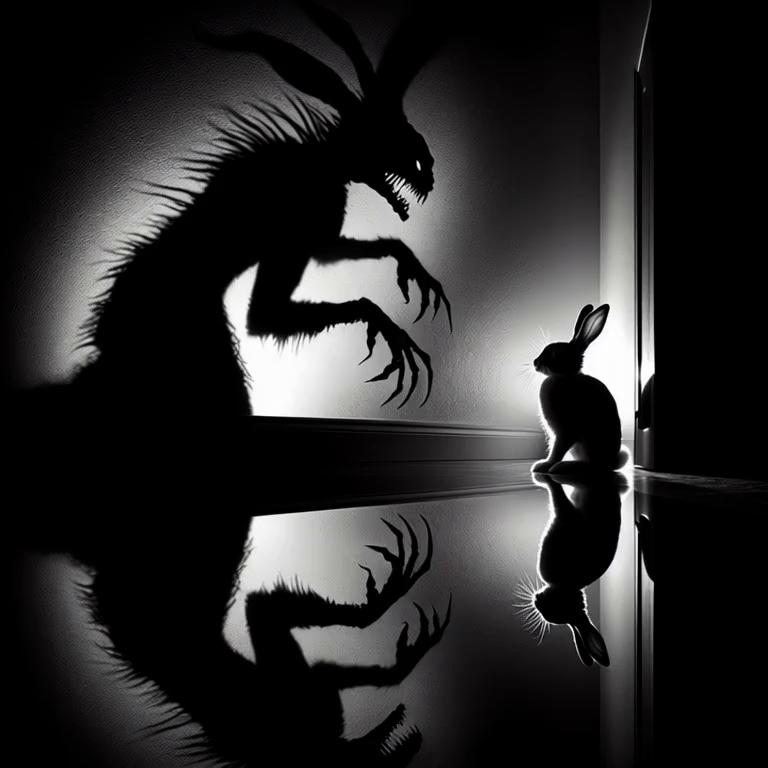 Prompt: Bunny sneaks by the shadowy figure