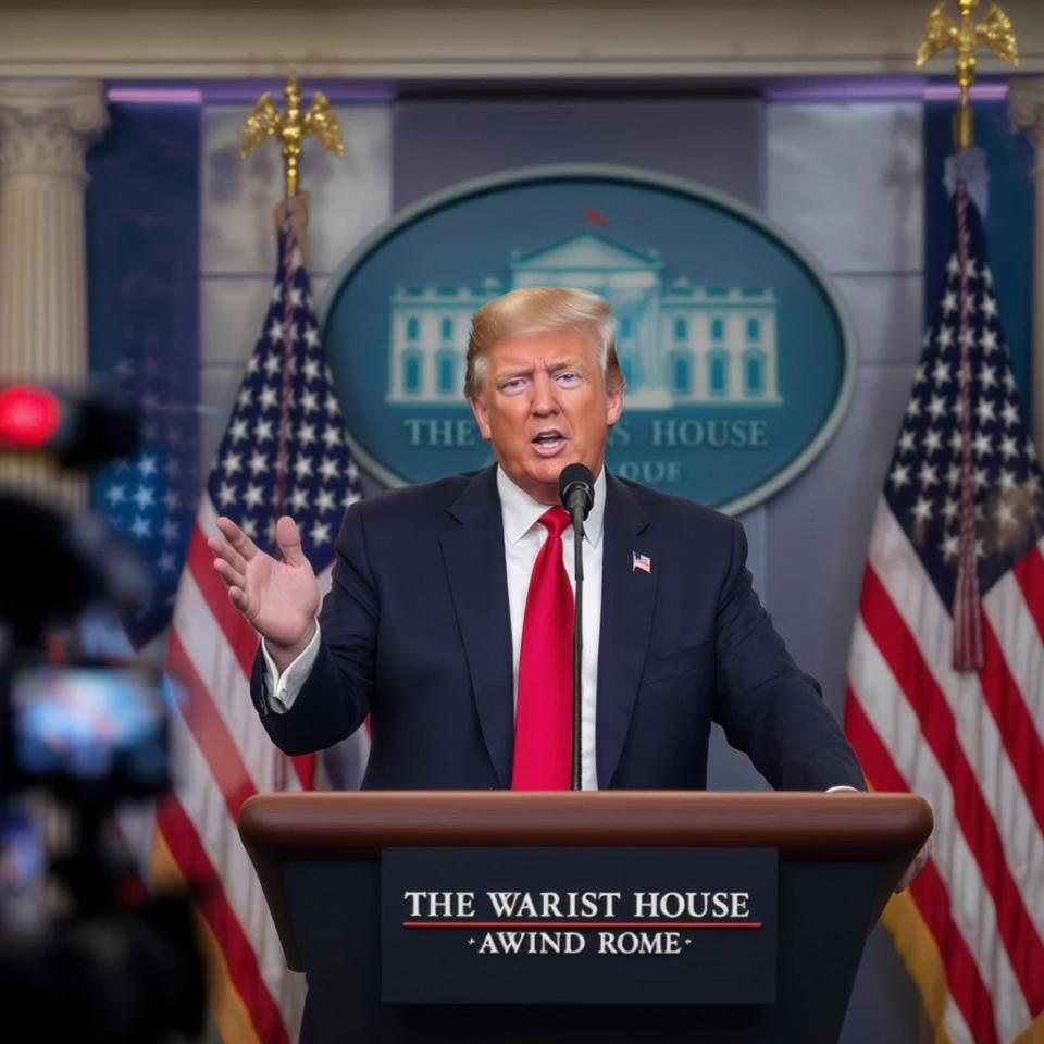 Prompt: "Create a 4-second vertical video of Donald Trump at a podium, slow zoom in, flags waving, flashing cameras, hand gestures, dramatic news broadcast style."